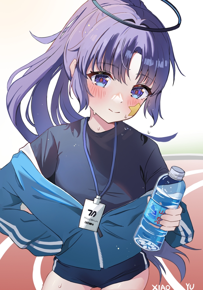 1girl artist_name blue_archive blue_buruma blue_jacket blue_shirt blush bottle buruma choppy_bangs closed_mouth contrapposto cowboy_shot english_text hair_intakes halo hand_on_own_hip highres holding holding_bottle jacket lanyard long_hair looking_at_viewer mechanical_halo outdoors parted_bangs partially_unzipped ponytail purple_eyes purple_hair red_pupils running_track shirt sidelocks smile solo split_mouth star_sticker sticker_on_face sweat t-shirt track_jacket water_bottle xiaoyu_(hyh224488) yuuka_(blue_archive) yuuka_(track)_(blue_archive)
