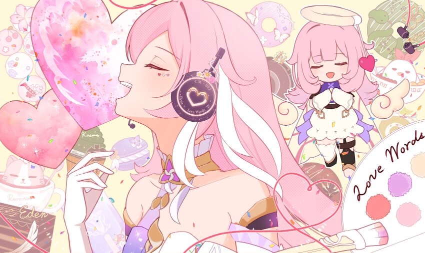 2girls absurdres angel_wings bare_shoulders can_(honkai_impact) closed_eyes coffee coffee_mug commentary_request cup donut dress elf_elysia elysia_(herrscher_of_human:_ego)_(honkai_impact) elysia_(honkai_impact) food from_side gloves halo headphones heart highres honkai_(series) honkai_impact_3rd jingwei_(bird) long_hair mug multiple_girls open_mouth pink_hair sazisazi50 triquetra very_long_hair white_dress white_gloves wings yellow_background