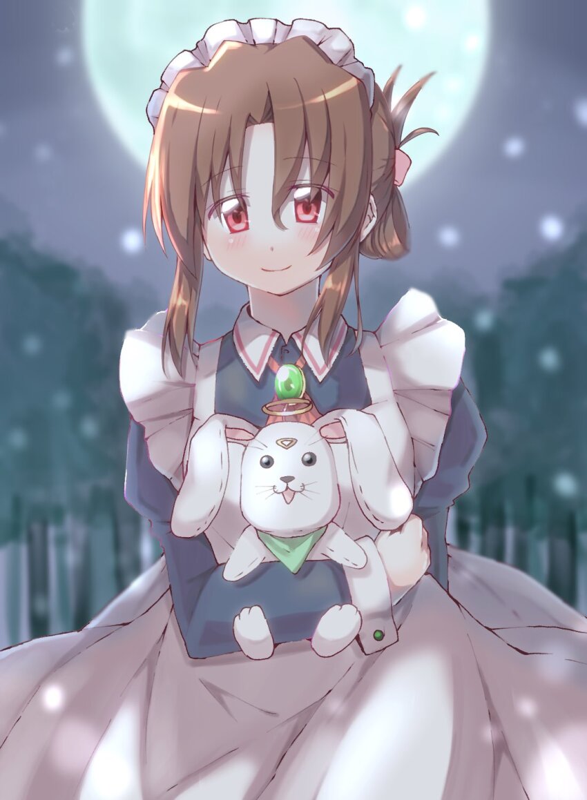 1girl apron blush brown_hair doll dress folded_ponytail hayate_no_gotoku! highres hug hugging_doll hugging_object jewelry juliet_sleeves long_hair long_sleeves maid maid_headdress maria_(hayate_no_gotoku!) moon night night_sky outdoors puffy_sleeves red_eyes sky smile solo