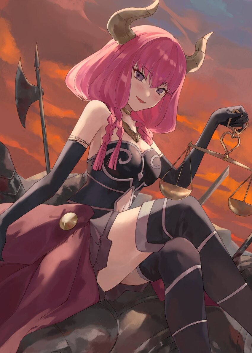 1girl aura_(sousou_no_frieren) axe balance_scale black_boots black_dress black_gloves blurry boots breasts cleavage clothing_cutout crossed_legs demon_girl demon_horns dress elbow_gloves gloves gold_necklace highres holding holding_scale horns jewelry konchi_(63438789) light_blush light_smile long_hair looking_at_viewer low-tied_long_hair low_twintails medium_breasts navel_cutout necklace open_mouth pink_hair purple_eyes sitting skirt solo sousou_no_frieren sunset thigh_boots twintails weighing_scale