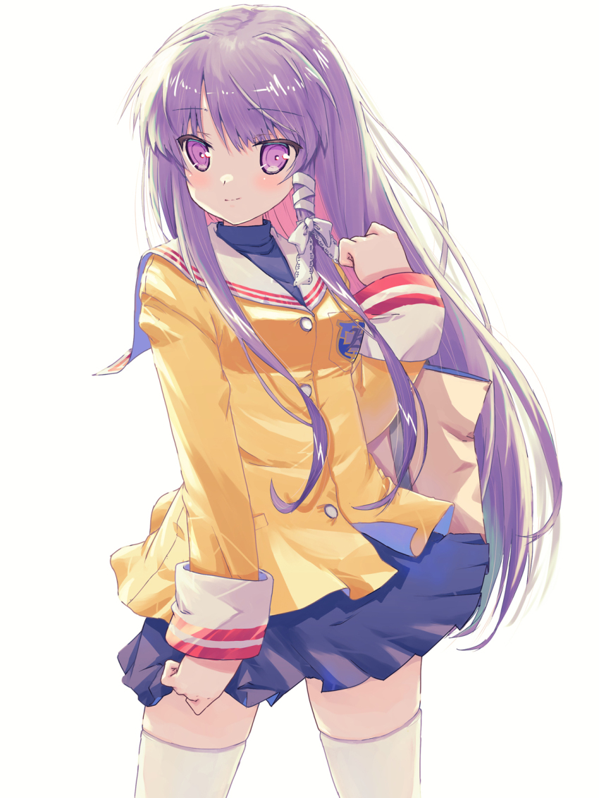 1girl akayama_yukihe blue_skirt clannad commentary cowboy_shot fujibayashi_kyou hair_ribbon highres hikarizaka_private_high_school_uniform long_hair purple_eyes purple_hair revision ribbon sailor_collar school_uniform shirt simple_background skirt solo standing thighhighs white_background white_sailor_collar white_thighhighs yellow_shirt zettai_ryouiki