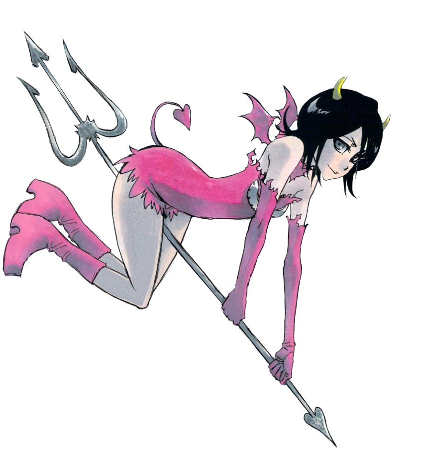 1girl bare_shoulders bat_wings black_hair bleach blue_eyes boots cleaned demon_tail demon_wings dress elbow_gloves female_focus gloves hair_between_eyes highres horns kubo_tite kuchiki_rukia mini_demon_wings mini_wings platform_boots platform_footwear platform_heels polearm riding short_dress short_hair solo spear straddling tail trident unconventional_broom weapon wings