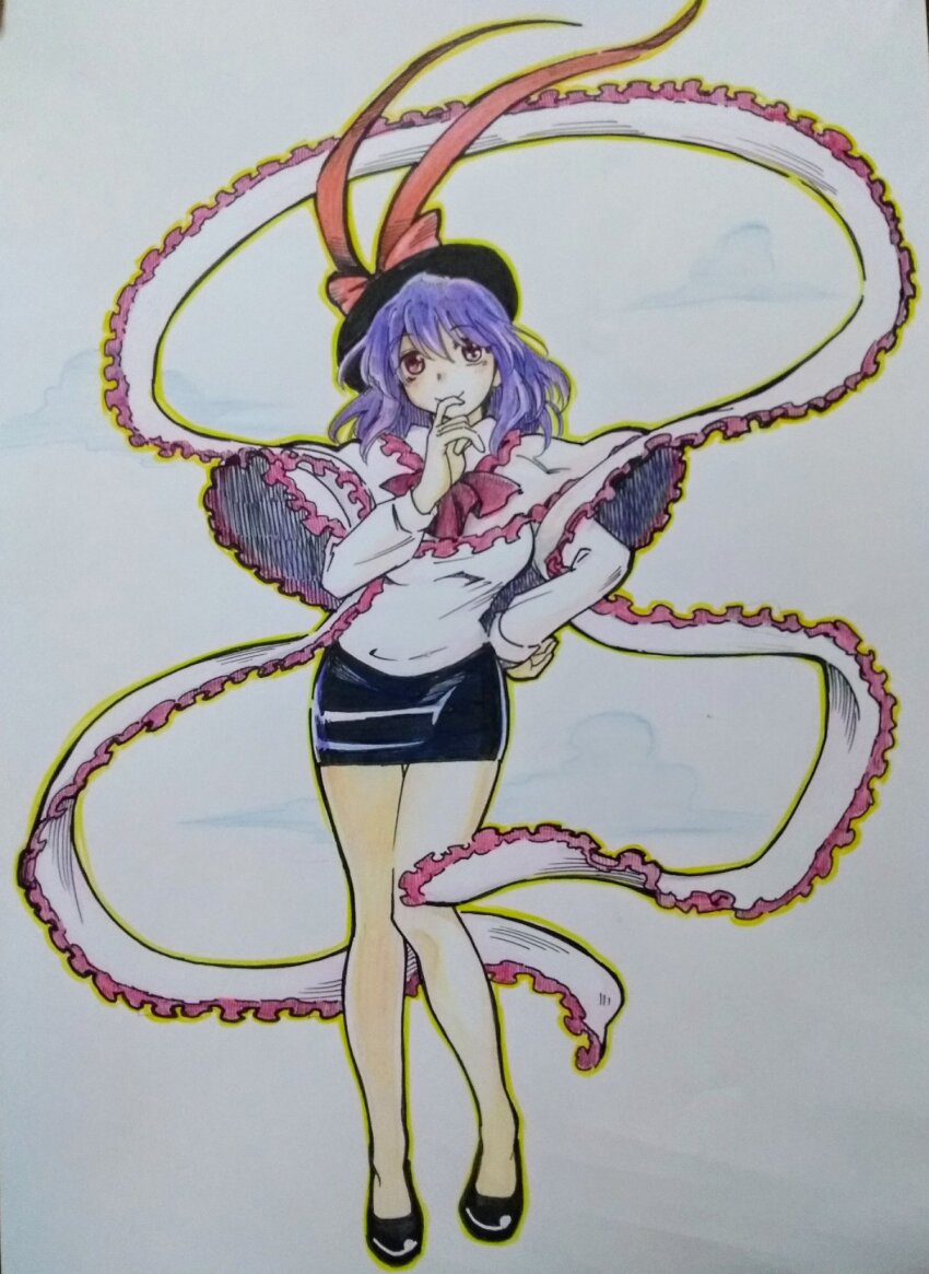1girl black_footwear black_hat black_skirt bow capelet closed_mouth frilled_capelet frilled_shawl frills full_body hand_on_own_hip hat hat_bow highres looking_at_viewer miniskirt nagae_iku nunnun_(shunka_shuutou) purple_hair red_bow red_eyes shawl shirt short_hair simple_background skirt smile solo touhou traditional_media white_background white_capelet white_shirt