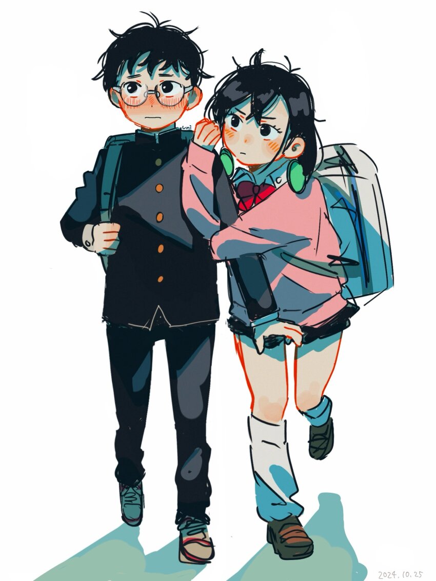 1boy 1girl :| alternate_hair_color arm_at_side arm_hug averting_eyes ayase_momo backpack bag black_eyes black_jacket black_skirt blue_bag blush bob_cut bow bowtie brown_footwear closed_mouth collared_shirt commentary couple crossed_bangs dandadan dated dress_shirt embarrassed eyelashes full_body gakuran glasses grabbing_another&#039;s_arm hand_up highres holding_strap jacket kneehighs loafers long_sleeves looking_afar looking_at_another looking_to_the_side loose_hair_strand loose_socks mandarin_collar medium_hair messy_hair nose_blush pendant_earring pink_sweater pleated_skirt red_bow red_bowtie rimless_eyewear round_eyewear school_uniform shadow shirt shoes side-by-side simple_background sketch skirt sneakers socks sweater takakura_ken_(dandadan) uni_(y36908) v-shaped_eyebrows walking white_background white_bag white_footwear white_shirt white_socks