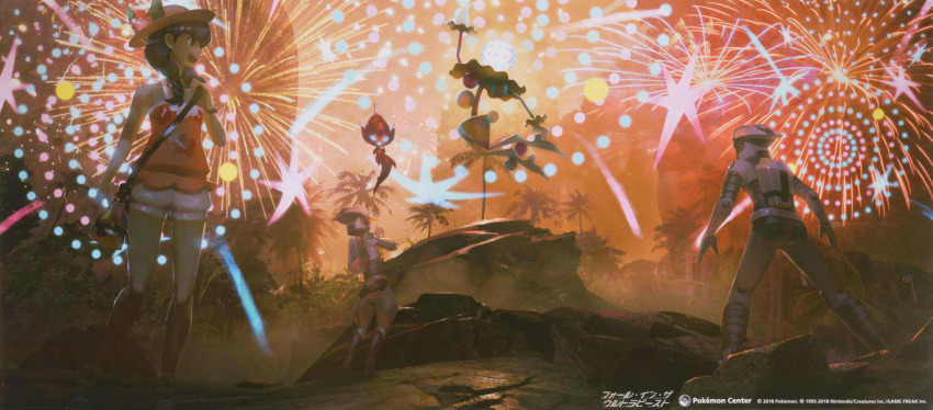 1boy 2girls aerial_fireworks artist_request bag blacephalon black_hair copyright_notice dulse_(pokemon) fireworks floating flower flower_in_hat from_behind gen_7_pokemon glowing glowing_eyes glowing_mouth hat helmet jumping long_hair multiple_girls nintendo official_art orange_shirt orange_sky palm_tree pink_flower poipole pokemon pokemon_(creature) pokemon_usum selene_(pokemon) shirt shorts sky smile sunset tree ultra_beast ultra_recon_squad_uniform white_shorts zossie_(pokemon)