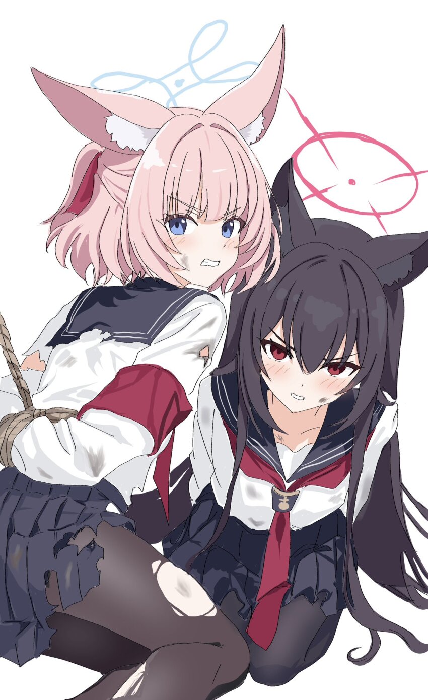 animal_ears armband black_pantyhose blue_archive blue_eyes blue_halo blue_sailor_collar blue_skirt brown_hair fox_ears fox_girl hair_between_eyes halo highres kamitosayu long_hair medium_hair neckerchief niko_(blue_archive) pantyhose pink_hair red_armband red_eyes red_halo red_neckerchief sailor_collar school_uniform serafuku shirt simple_background skirt thighs torn_clothes torn_pantyhose torn_shirt torn_skirt white_background white_shirt yukino_(blue_archive)