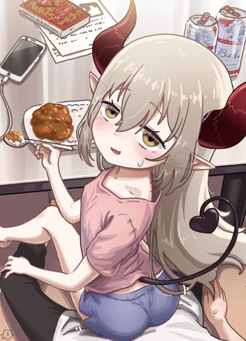 1boy 1girl ass bare_legs beer_can blush brown_eyes can cellphone curled_horns curry curry_rice demon_girl demon_horns demon_tail drink_can emma_august eyeharmheart fang food grey_hair hair_between_eyes highres horns looking_at_viewer looking_back naughty_face nijisanji open_mouth phone pointy_ears red_horns rice shirt short_shorts shorts sitting sitting_on_lap sitting_on_person skin_fang smartphone smile spoon sweatdrop t-shirt table tail virtual_youtuber
