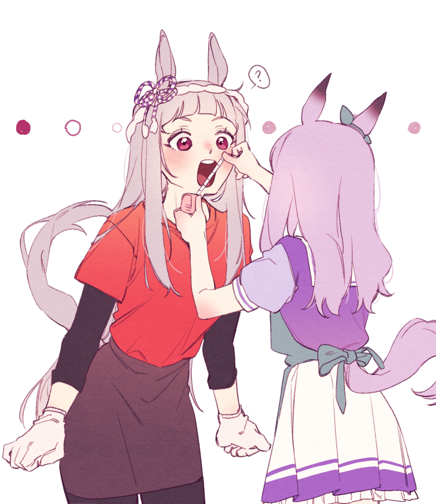 2girls ? animal_ears apron black_pants clothing_cutout cowboy_shot ggubii0225 gloves gold_ship_(umamusume) grey_hair headband highres horse_ears horse_girl horse_tail long_hair mejiro_mcqueen_(umamusume) multiple_girls open_mouth pants purple_hair purple_shirt red_eyes red_shirt round_teeth shirt skirt spoken_question_mark tail tail_through_clothes tape_measure teeth umamusume umayuru waist_apron white_background white_gloves white_skirt