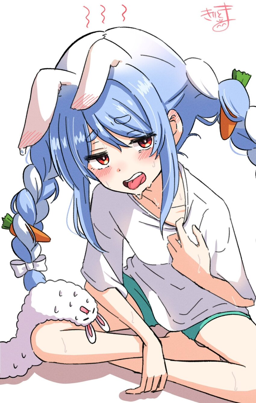 1girl animal_ears barefoot blue_shorts blush bow braid carrot_hair_ornament collar_tug collarbone colored_shadow commentary_request don-chan_(usada_pekora) ears_down food-themed_hair_ornament hair_between_eyes hair_bow hair_ornament highres hololive hot kiritoma long_hair looking_at_viewer multicolored_hair open_mouth rabbit-shaped_pupils rabbit_ears red_eyes shadow shirt short_eyebrows short_shorts short_sleeves shorts signature simple_background sitting solo sweat symbol-shaped_pupils thick_eyebrows tongue tongue_out twin_braids twintails two-tone_hair usada_pekora very_long_hair virtual_youtuber white_background white_bow white_hair white_shirt