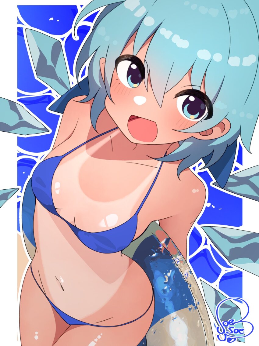 1girl :d blue_background blue_eyes blue_hair blush breasts cirno cleavage commentary_request detached_wings from_above groin highres ice ice_wings innertube looking_at_viewer navel open_mouth short_hair signature small_breasts smile soesoe300 solo swim_ring tan tanline tanned_cirno touhou wings