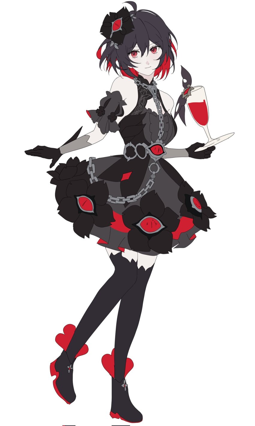 1girl bare_shoulders black_boots black_gloves black_hair black_thighhighs boots chain closed_mouth commentary_request corrupted_twitter_file cup detached_sleeves dress drinking_glass full_body gloves grey_dress grey_sleeves hair_ornament highres holding holding_plate honkai_(series) honkai_impact_3rd korean_commentary looking_at_viewer multicolored_hair oldsprout1108 plate puffy_short_sleeves puffy_sleeves red_eyes red_hair seele_(alter_ego) seele_vollerei short_sleeves simple_background smile solo standing standing_on_one_leg thighhighs thighhighs_under_boots two-tone_hair white_background