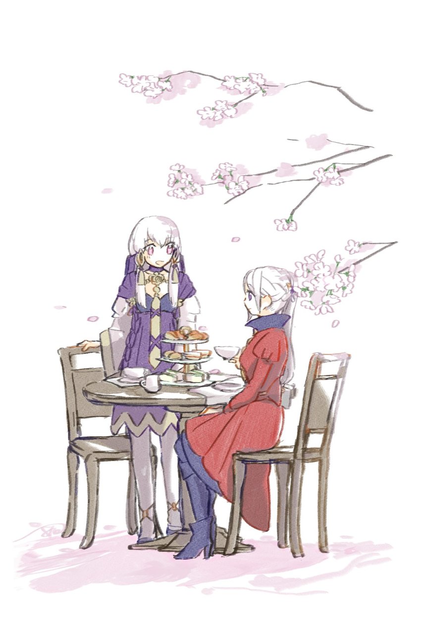 2girls batoson54 branch chair cherry_blossoms cup dress edelgard_von_hresvelg edelgard_von_hresvelg_(timeskip) fire_emblem fire_emblem:_three_houses from_side hair_ornament high_heels highres holding holding_cup long_hair long_sleeves lysithea_von_ordelia lysithea_von_ordelia_(timeskip) multiple_girls nintendo one-hour_drawing_challenge open_mouth petals pink_eyes purple_eyes sitting table teacup white_hair white_legwear