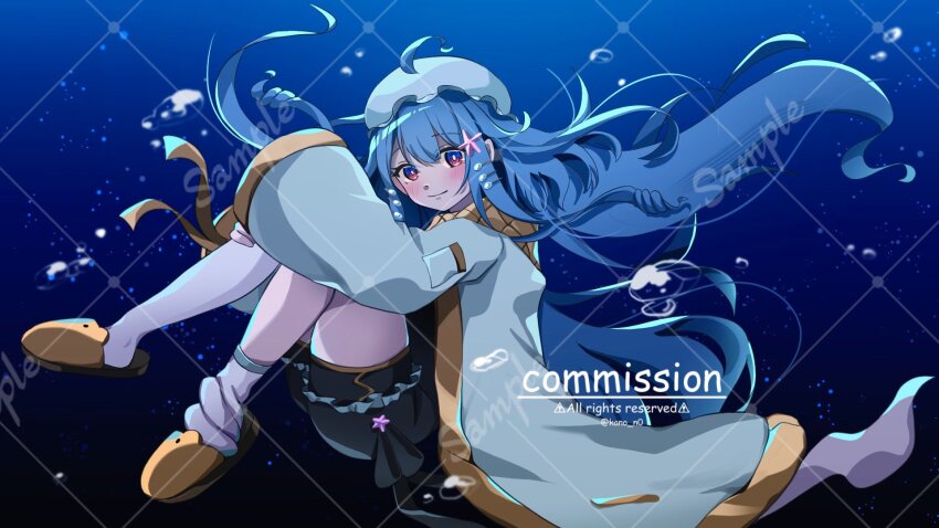 1girl ahoge asymmetrical_legwear beret black_shorts blue_hair blue_jacket blush bond_en closed_mouth commentary commission cyanne_aria english_commentary english_text full_body hat highres jacket kano3 leg_warmers long_sleeves looking_at_viewer mixed-language_commentary pink_eyes sample_watermark shorts single_leg_warmer single_thighhigh sleeves_past_fingers sleeves_past_wrists slippers smile solo starfish_hair_ornament thighhighs twitter_username virtual_youtuber water watermark white_leg_warmers white_thighhighs yellow_slippers