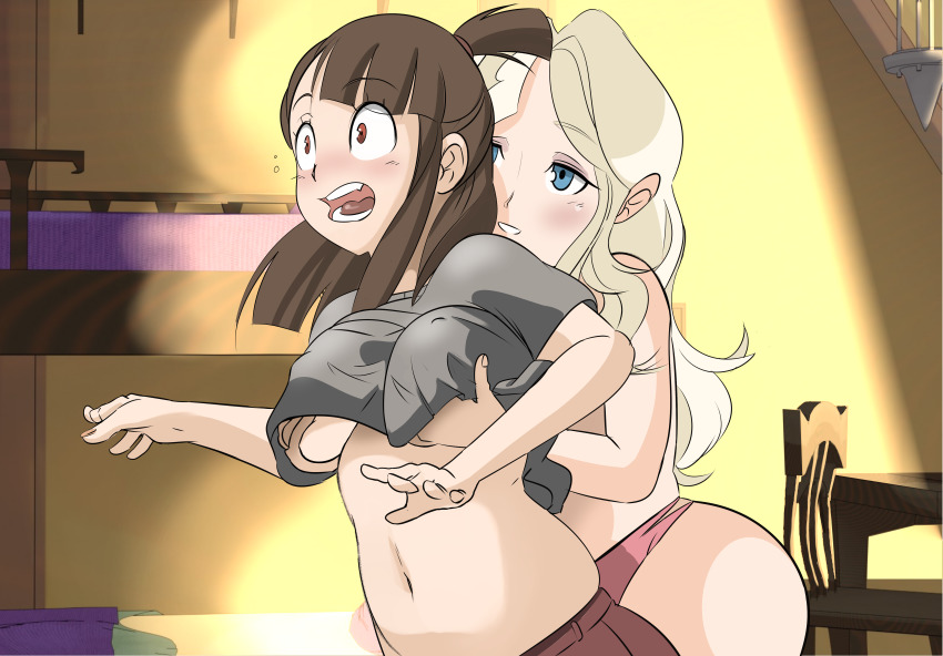 absurdres alternate_breast_size bed bedroom blonde_hair blue_eyes blush brown_hair bunk_bed chadgarciaburg diana_cavendish fang female_pervert grey_shirt groping highres kagari_atsuko little_witch_academia navel no_bra non-web_source panties pervert pink_panties ponytail red_eyes self-upload shirt short_ponytail smile surprised topless_female trigger_(company) underwear yuri