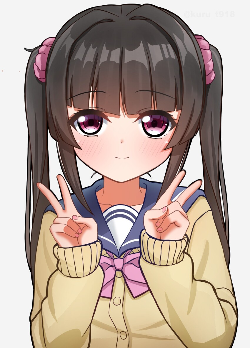 1girl black_hair blush bow bowtie brown_jacket closed_mouth double_v eyebrows_hidden_by_hair flat_chest hair_ornament hair_scrunchie highres jacket kuru_t918 long_hair nail_polish pink_bow pink_bowtie purple_eyes school_uniform scrunchie senki_zesshou_symphogear serafuku simple_background smile solo tsukuyomi_shirabe twintails upper_body v
