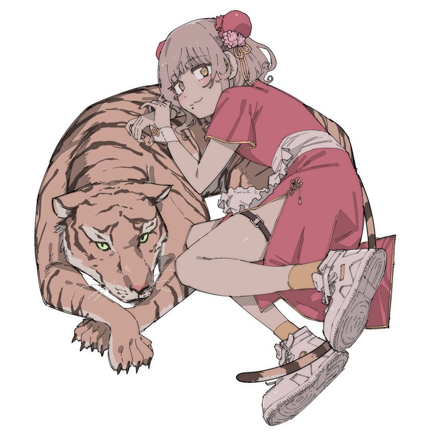 1girl :3 animal brown_eyes brown_hair bun_cover chinese_clothes closed_mouth commentary_request dark-skinned_female dark_skin double_bun dress full_body hair_bun highres kemura_(puripurinea) looking_at_viewer lying lying_on_animal mole mole_under_mouth on_side orange_socks pretty_series pripara red_dress shoe_soles short_hair short_sleeves side_slit simple_background smile socks solo taiyo_pepper thigh_strap tiger white_background wrist_cuffs