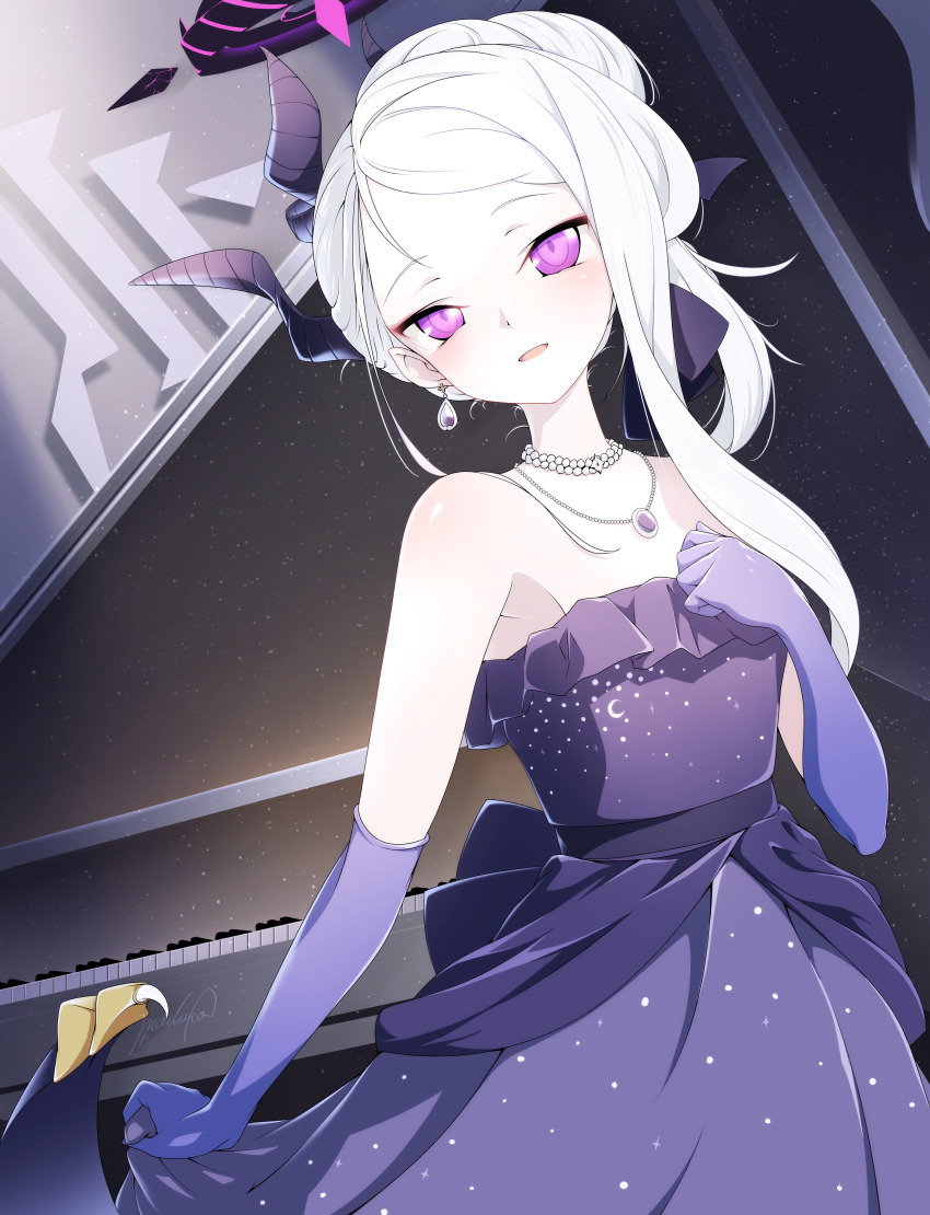 1girl absurdres bare_shoulders blue_archive dress elbow_gloves gloves highres hina_(blue_archive) long_hair looking_at_viewer madakov_kodima open_mouth purple_dress purple_eyes solo white_hair