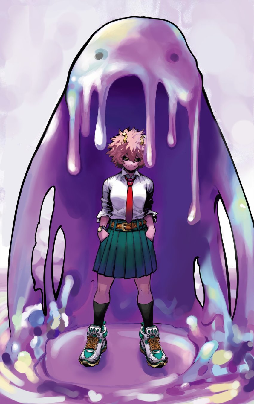 1girl acid afro ashido_mina belt black_sclera boku_no_hero_academia cleaned closed_mouth collared_shirt colored_sclera colored_skin female_focus full_body green_skirt hair_between_eyes hands_in_pockets highres horikoshi_kouhei horns long_sleeves looking_at_viewer medium_hair necktie official_art pink_hair pink_skin red_necktie shirt shirt_tucked_in shoes skirt three-quarter_sleeves sleeves_rolled_up slime smile sneakers socks solo solo_focus standing textless_version watch white_shirt wristwatch yellow_eyes