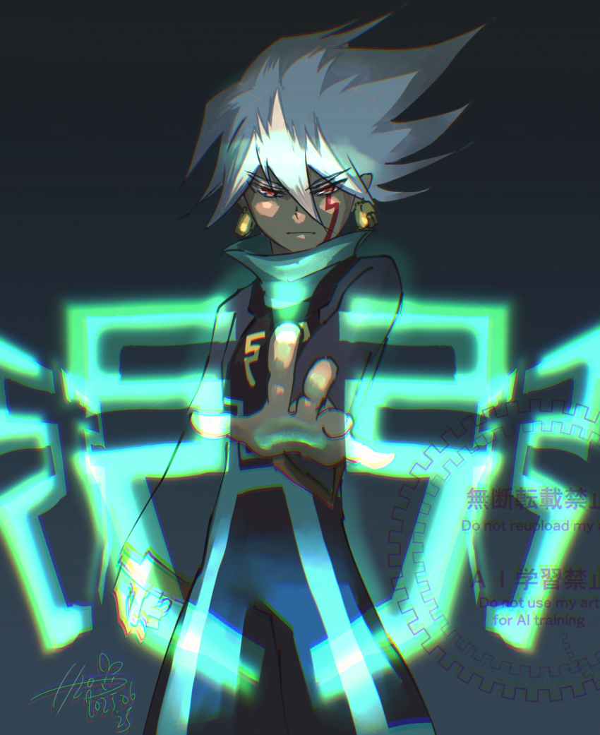 1boy black_background black_bodysuit bodysuit cowboy_shot facial_mark gradient_background grey_hair h2o_(gueguecamp) highres mega_man_(series) mega_man_star_force_(series) red_eyes simple_background solo solo_(mega_man) watermark