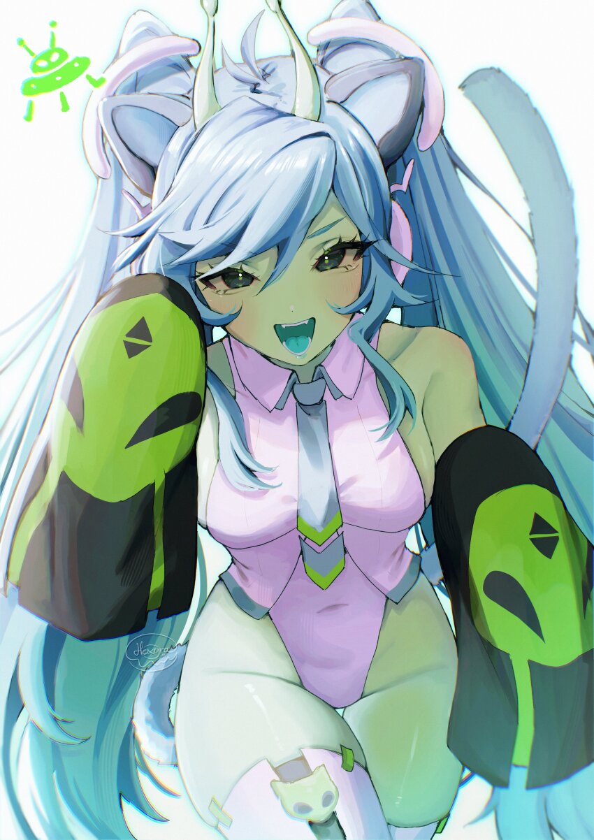 absurdres aegyo_sal alien animal_ears aqua_tongue blue_hair cat_ears colored_skin detached_sleeves eyelashes fangs glorpi_miku_(dyarikku) green_skin hatsune_miku hexyraart highleg highleg_leotard highres leotard open_mouth smile tail thighhighs twintails vocaloid