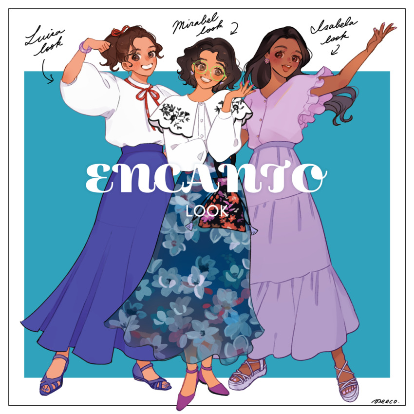 3girls alternate_costume brown_eyes brown_hair contemporary curly_hair dark-skinned_female dark_skin dress earrings encanto glasses isabela_madrigal jewelry luisa_madrigal meecosme mirabel_madrigal multiple_girls shirt short_hair simple_background skirt smile