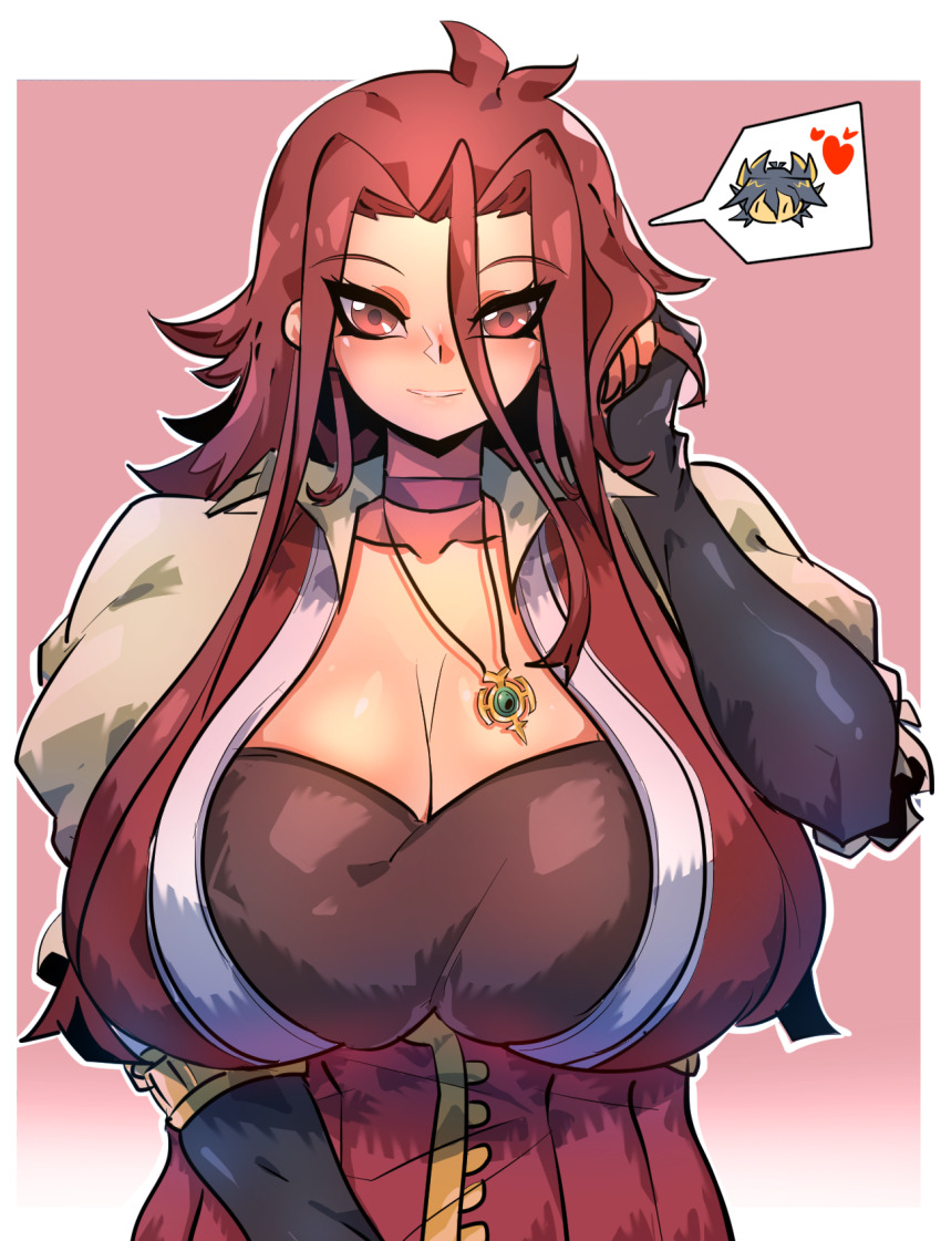 1boy 1girl alternate_breast_size black_hair blonde_hair breasts cleavage collarbone collared_jacket fudo_yusei genman hair_between_eyes hand_in_own_hair heart highres huge_breasts izayoi_aki jacket jewelry long_hair looking_at_viewer multicolored_hair necklace red_eyes red_hair smile solo_focus spiked_hair spoken_heart upper_body yu-gi-oh! yu-gi-oh!_5d&#039;s