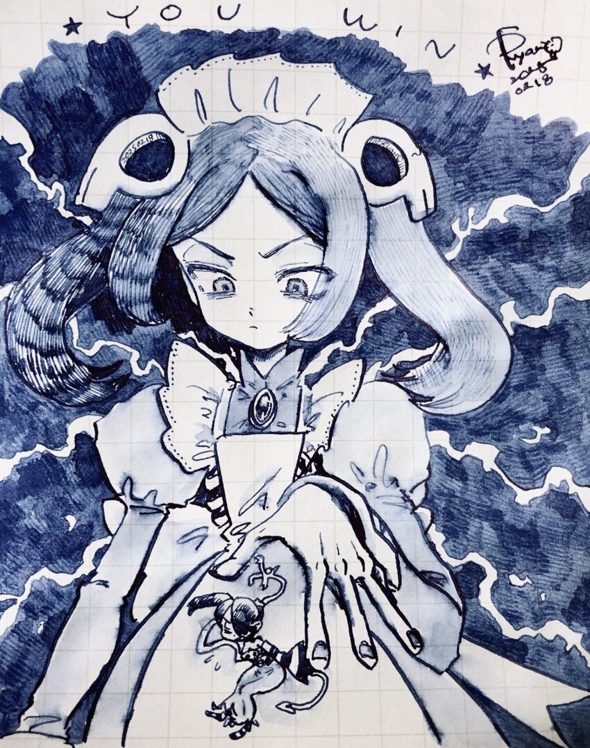 2025 2girls apron bloody_marie_(skullgirls) brooch dated detached_sleeves dress frilled_apron frilled_dress frills hair_ornament highres jewelry juliet_sleeves lined_paper long_sleeves looking_at_another looking_down maid_headdress monochrome multiple_girls nail_polish pen_(medium) puffy_sleeves ryantoruhuhu skull_hair_ornament skullgirls squigly_(skullgirls) striped_sleeves traditional_media twintails zombie