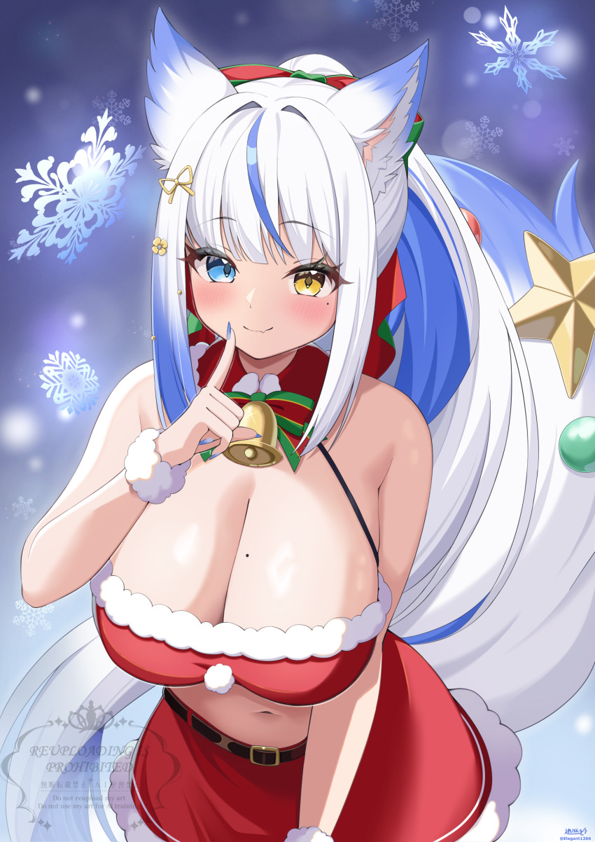 1girl absurdres animal_ears bare_shoulders bell blue_eyes blue_hair blue_nails blush bow bowtie breasts cleavage closed_mouth commentary_request commission elegant_(sumisumi4268) finger_to_mouth fingernails green_bow green_bowtie heterochromia highres indie_virtual_youtuber large_breasts long_fingernails long_hair looking_at_viewer lulebel mole mole_on_breast multicolored_hair nail_polish navel neck_bell red_bow red_bowtie red_skirt skeb_commission skirt smile solo stomach striped_bow striped_bowtie striped_clothes tail very_long_hair virtual_youtuber white_hair yellow_eyes
