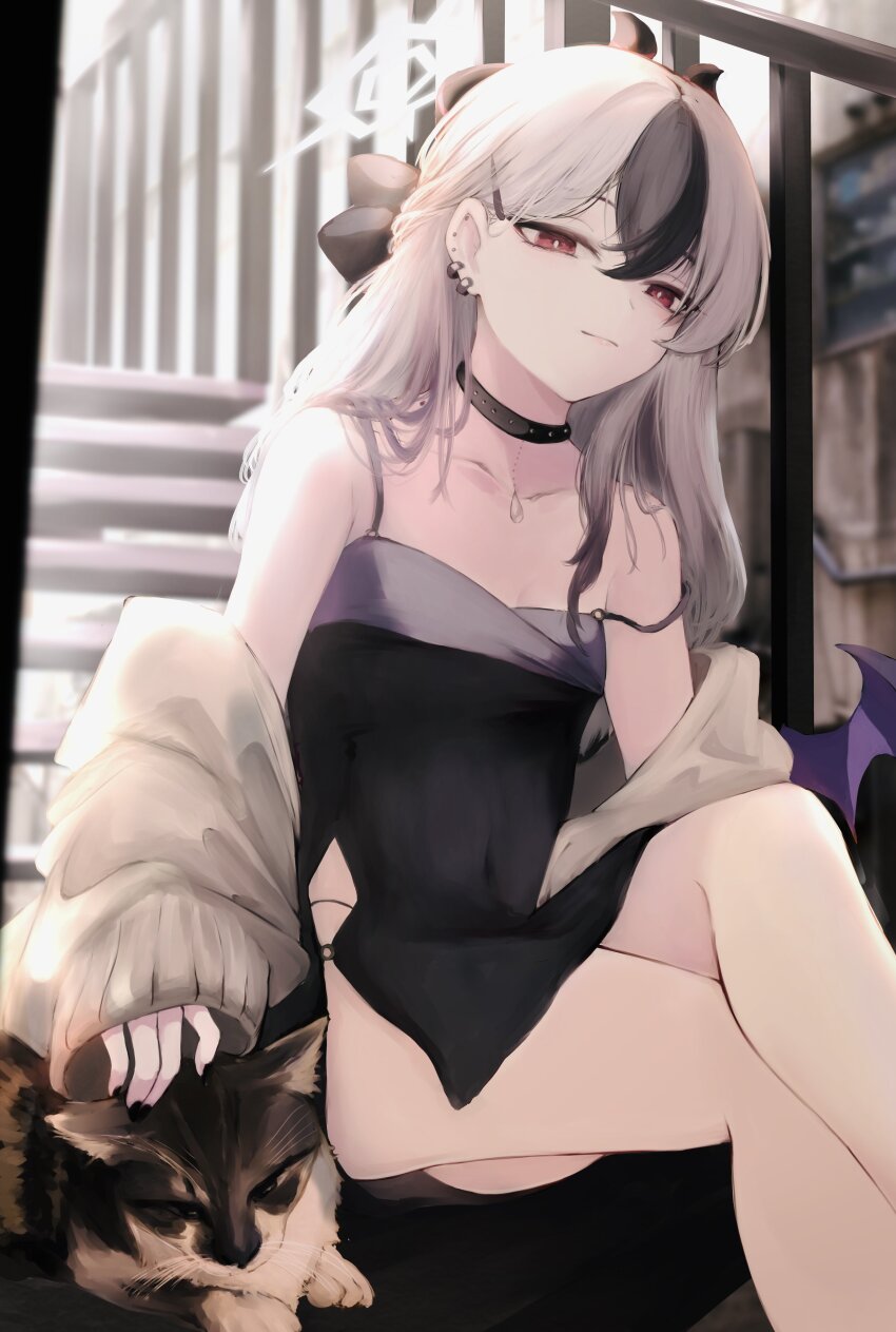 1girl absurdres bare_shoulders black_choker black_dress black_nails blue_archive brown_cardigan cardigan cat choker crossed_legs demon_girl demon_horns demon_wings dress ear_piercing hair_between_eyes highres horns jacket jacket_partially_removed kayoko_(blue_archive) kayoko_(new_year)_(blue_archive) long_hair looking_at_viewer multicolored_hair piercing red_eyes sidelocks sitting smile suzukano_pon wings
