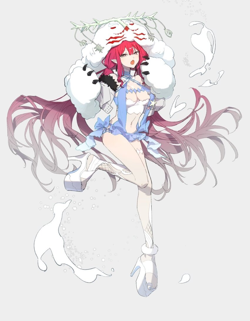 1girl baobhan_sith_(fate) baobhan_sith_(swimsuit_pretender)_(fate) breasts cernunnos_(fate) cernunnos_(fate)_(cosplay) character_hood cosplay fate/grand_order fate_(series) floating_hair full_body grey_background grey_eyes high_heels highres kabutomushi_s long_hair medium_breasts navel oceanunnos_(fate) open_mouth platform_footwear platform_heels pointy_ears red_hair sandals simple_background solo very_long_hair white_sandals