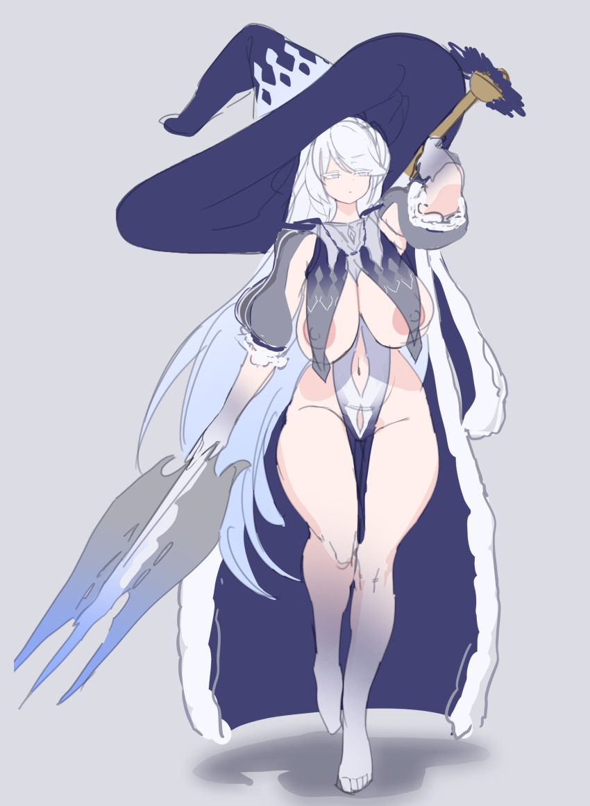 1girl absurdres axe bare_legs blue_cape blue_dress blue_hat breast_curtains breasts cape clothing_cutout colored_nipples dress full_body fur-trimmed_cape fur_trim gradient_skin grey_background gya_rb hat highres holding holding_axe huge_breasts navel_cutout original simple_background solo white_eyes white_hair witch_hat