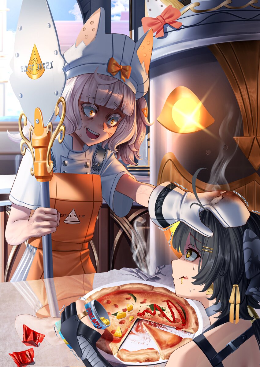 2girls absurdres anger_vein apron black_bow black_gloves blue_sky bow can chef_hat commentary day eating female_rover_(wuthering_waves) food gloves hair_bow hair_ribbon hat hawaiian_pizza highres holding holding_can looking_at_another manjo_(warito) margherita_(wuthering_waves) margherita_pizza mittens multiple_girls open_mouth orange_apron orange_eyes outdoors oven_mitts partially_fingerless_gloves pineapple_on_pizza pizza ribbon rover_(wuthering_waves) shirt short_hair single_mitten sky sweatdrop symbol-only_commentary teeth upper_teeth_only veins white_hat white_shirt wuthering_waves yellow_eyes yellow_ribbon