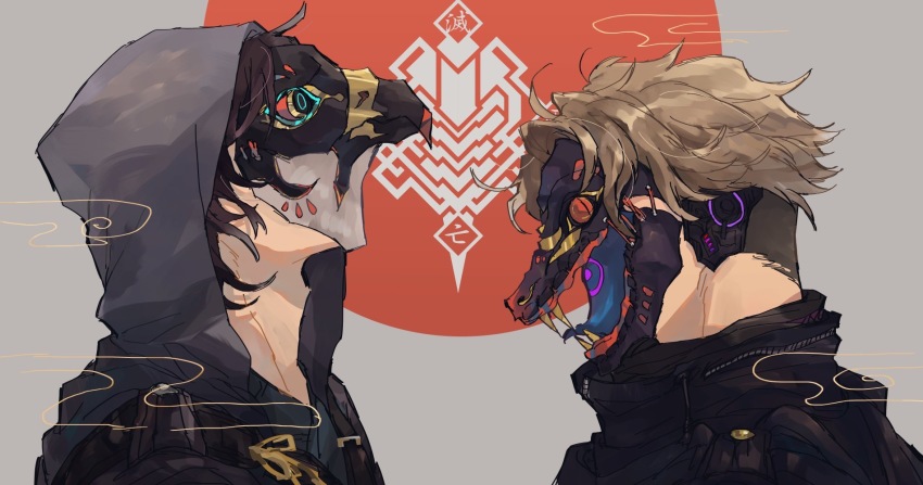 2boys android banner bbbb_fex beak bird bird_mask black_hair black_shirt blonde_hair brown_hair cobra_(animal) colored_sclera falcon fangs from_side highres hood horobi_(kamen_rider_01) jin_(kamen_rider_01) kamen_rider kamen_rider_01_(series) mask mechanical_ears multiple_boys non-humanoid_robot profile red_sclera robot robot_animal shirt short_hair slit_pupils snake snake_mask tongue tongue_out upper_body white_background