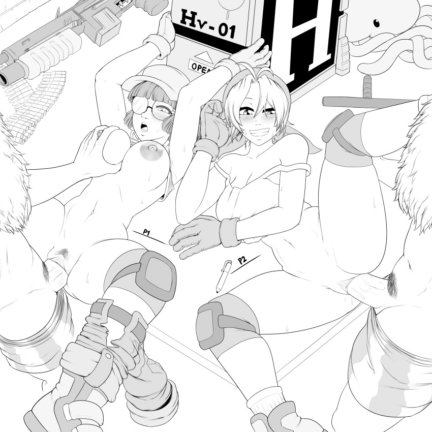 2boys 2girls absurdres alien bandana baseball_cap baton_(weapon) beard blush boots bottomless breasts cleavage clothes_lift clothes_pull facial_hair female_pubic_hair fio_germi gameplay_mechanics glasses gloves grabbing_another&#039;s_breast grin groping group_sex gun happy_sex hat hetero highres kasamoto_eri knee_pads lying machine_gun male_pubic_hair mars_people medium_breasts metal_slug missionary monochrome multiple_boys multiple_girls navel nipples on_back open_mouth pen penis prisoner_of_war_(metal_slug) pubic_hair pussy pussy_juice redboard round_eyewear sex shirt_lift short_hair shorts shorts_around_one_leg shorts_pull smile snk spread_legs tonfa uncensored vaginal weapon