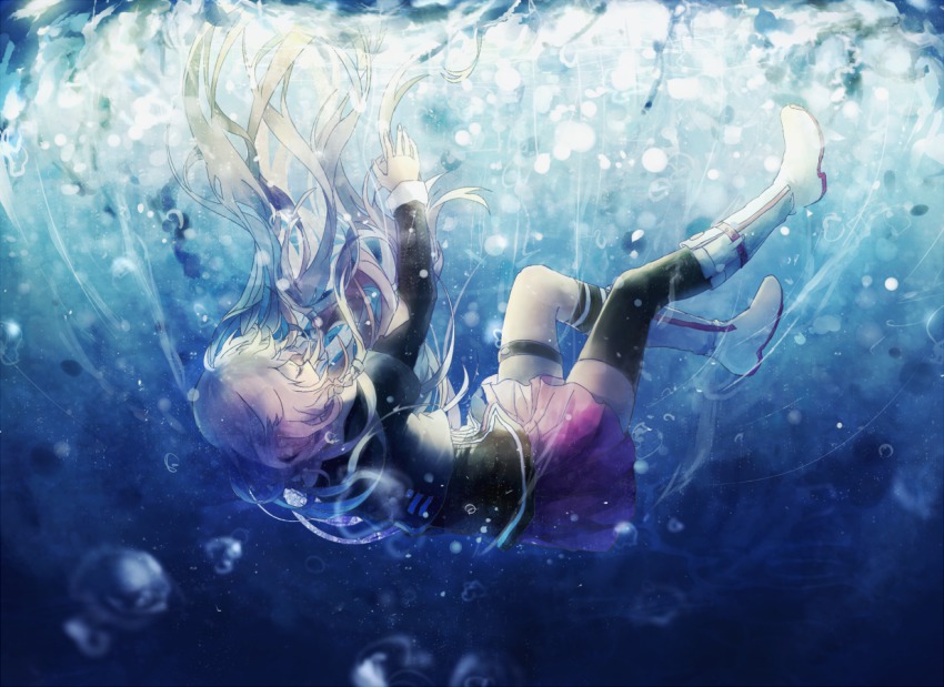 1girl asymmetrical_legwear bad_id bad_pixiv_id black_thighhighs boots bubble closed_eyes domik female_focus ia_(vocaloid) knee_boots long_hair long_sleeves pink_hair shirt single_thighhigh sinking skirt solo thighhighs underwater uneven_legwear vocaloid white_boots