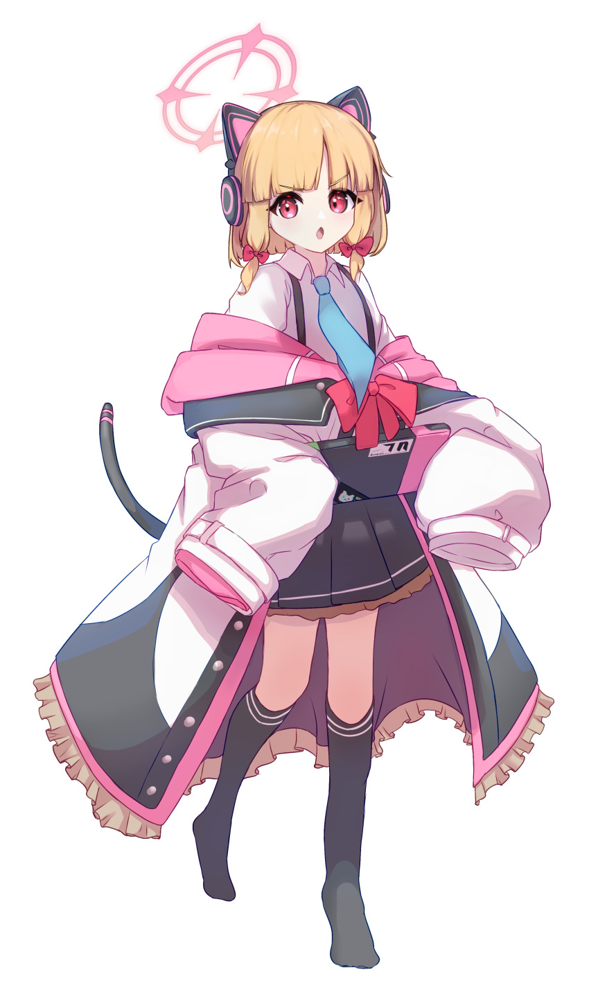 1girl absurdres animal_ear_headphones animal_ears black_skirt black_thighhighs blonde_hair blue_archive blue_necktie bow bowtie cat_tail collared_shirt commentary_request dated_commentary fake_animal_ears fake_tail full_body halo handheld_game_console headphones highres holding holding_handheld_game_console jacket long_sleeves looking_at_viewer momoi_(blue_archive) necktie no_shoes open_clothes open_jacket parted_lips pink_halo red_bow red_bowtie red_eyes shirt simple_background skirt sleeves_past_fingers sleeves_past_wrists solo standing sw0ng tail thighhighs white_background white_jacket white_shirt