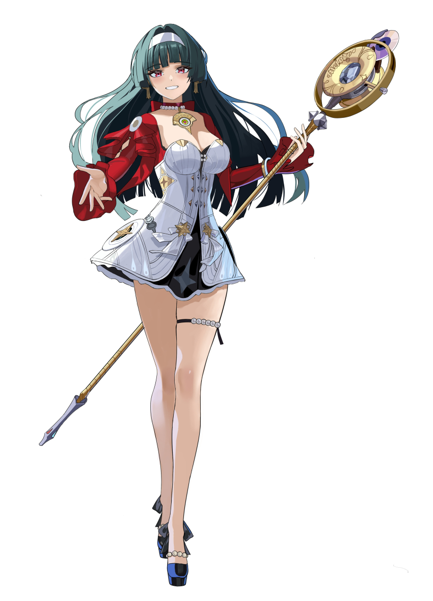 1girl absurdres astra_yao black_hair blunt_sidelocks breasts cleavage dress full_body hairband high_heels highres holding holding_microphone_stand jacket jewelry kkyungkki large_breasts looking_at_viewer microphone_stand necklace pearl_necklace red_eyes red_jacket red_shrug sidelocks smile solo thigh_beads uneven_bangs white_background white_dress white_hairband zenless_zone_zero