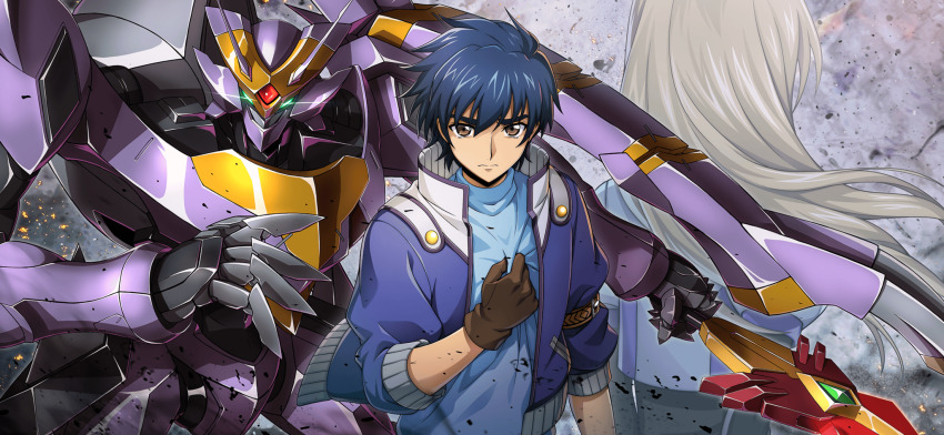 1boy blue_eyes blue_jacket blue_shirt brown_eyes brown_gloves closed_mouth code_geass code_geass:_lost_stories f4samurai game_cg gloves highres jacket knightmare_frame kushinada_souma mecha official_art open_clothes open_jacket robot shirt short_hair solo