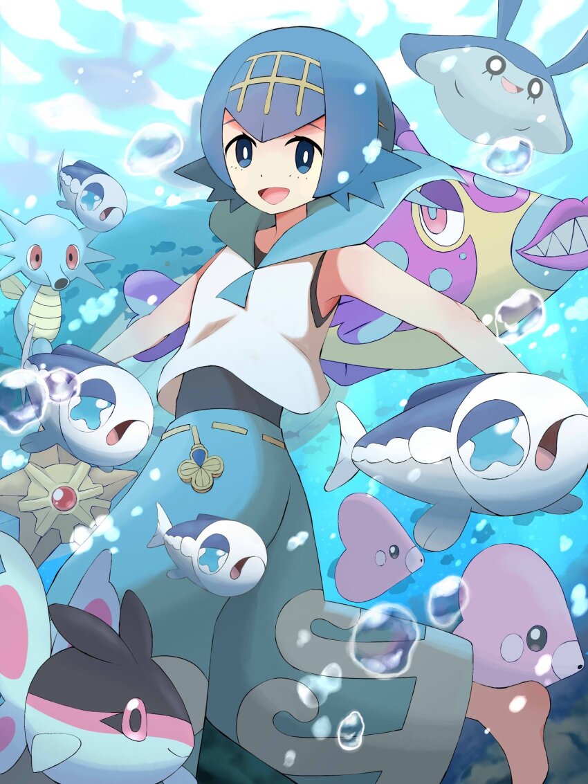 1girl :d bare_arms barefoot blue_eyes blue_hair blue_sailor_collar bright_pupils bruxish commentary finneon fish gen_1_pokemon gen_3_pokemon gen_4_pokemon gen_7_pokemon hairband highres horsea lana_(pokemon) looking_at_viewer luvdisc mantyke nintendo open_mouth pants pokemon pokemon_(creature) pokemon_sm sailor_collar shabana_may shirt short_hair sleeveless sleeveless_shirt smile staryu swimsuit swimsuit_under_clothes underwater white_pupils white_shirt wishiwashi wishiwashi_(solo)