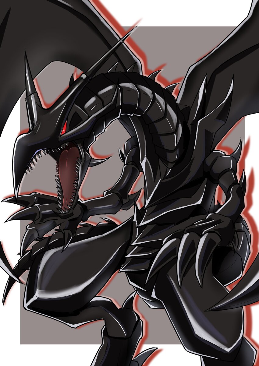 absurdres bakuma claws dragon duel_monster fangs grey_background highres no_humans open_mouth outline red-eyes_black_dragon red_eyes red_outline sharp_teeth solo standing teeth white_background yu-gi-oh! yu-gi-oh!_duel_monsters
