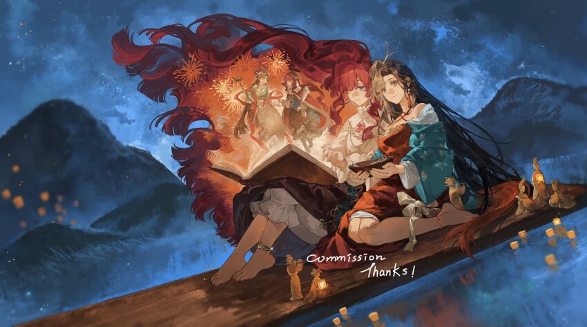2girls anklet barefoot black_hair blue_eyes blue_sky book book_on_lap bowl breasts chinese_clothes closed_mouth commission dress dutch_angle fireworks floating_hair full_body gen65884781 green_sleeves hair_branch hair_bun hair_ornament hair_over_one_eye hanfu heart heart_hair_ornament highres holding holding_bowl jewelry jiu_niangzi lantern lantern_on_liquid long_hair long_skirt looking_at_object looking_at_viewer mini_person minigirl mountain multiple_girls night night_sky open_book outdoors pants pants_under_skirt paper_lantern reading red_dress red_skirt reverse:1999 seiza shirt single_side_bun sitting skirt sky small_breasts smile statuette very_long_hair water white_pants white_shirt yenisei_(reverse:1999)
