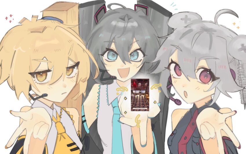 3girls :d :o ahoge akita_neru alternate_hair_color black_shirt blonde_hair blue_hair blue_necktie blush cellphone collared_shirt commentary english_commentary grey_hair grey_shirt hair_between_eyes hair_ornament hatsune_miku headset highres holding holding_phone kasane_teto kasane_teto_(utau) long_bangs long_hair looking_at_viewer meme multiple_girls necktie open_mouth phone purple_eyes screw shirt short_hair simple_background sleeveless sleeveless_shirt smartphone smile steel_beam triple_baka_(vocaloid) unhinged_home_design_(meme) upper_body utau very_long_hair vocaloid white_background white_shirt yellow_eyes yellow_necktie yuarushun