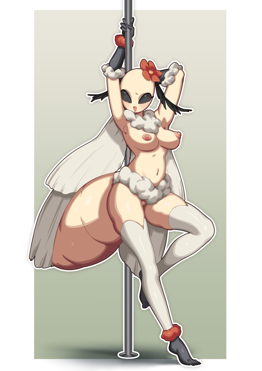 1girl abdomen_tail absurdres antennae arm_behind_head armpits arms_up arthropod_girl bald beemu black_eyes black_gloves black_skin blank_eyes blush body_fur border breasts bug_fables censored colored_skin feet female_focus flower fur-trimmed_gloves fur_trim furry furry_female gloves gradient_background green_background hair_flower hair_ornament happy highres insect_girl insect_wings leg_up legs light_blush looking_at_viewer medium_breasts mosaic_censoring moth_girl mothiva multicolored_fur navel neck_fur nipples nude open_mouth outline outside_border pole pole_dancing pussy red_flower red_fur simple_background skindentation smile solo standing standing_on_one_leg stomach thighhighs white_border white_fur white_outline white_thighhighs white_wings wings yellow_skin