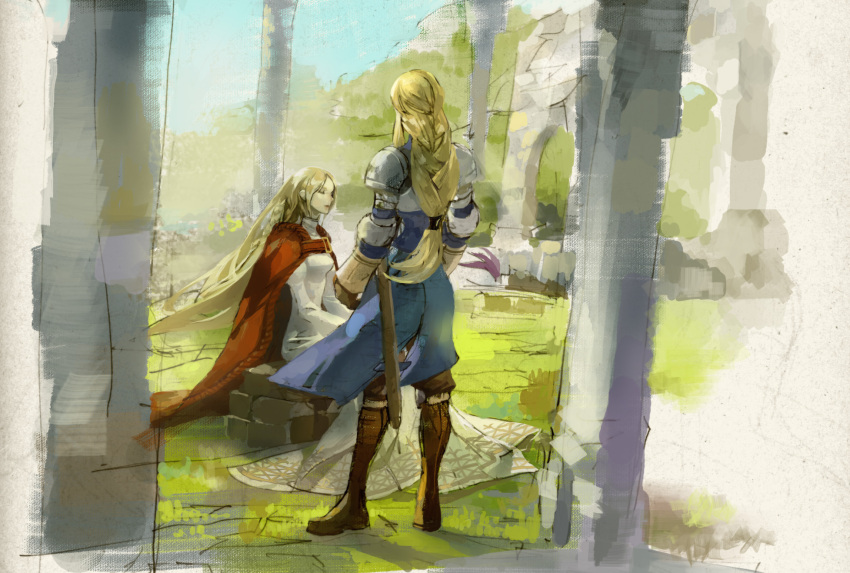 2girls agrias_oaks back blonde_hair brown_footwear cape closed_eyes dress final_fantasy final_fantasy_tactics full_body highres mos multiple_girls ovelia_atkascha red_cape ruins