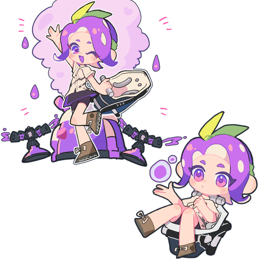 1girl :d arm_up bloblobber_(splatoon) bow bow_hairband chibi chibi_only cloud commentary_request green_bow hair_bow hairband highres ink_storm_(splatoon) medium_hair mitarashi_fa multiple_views nintendo octoling octoling_girl octoling_player_character one_eye_closed open_mouth purple_eyes purple_hair simple_background smile soap_bubbles splatoon_(series) splatoon_3 sprinkler_(splatoon) standing standing_on_one_leg tentacle_hair white_background