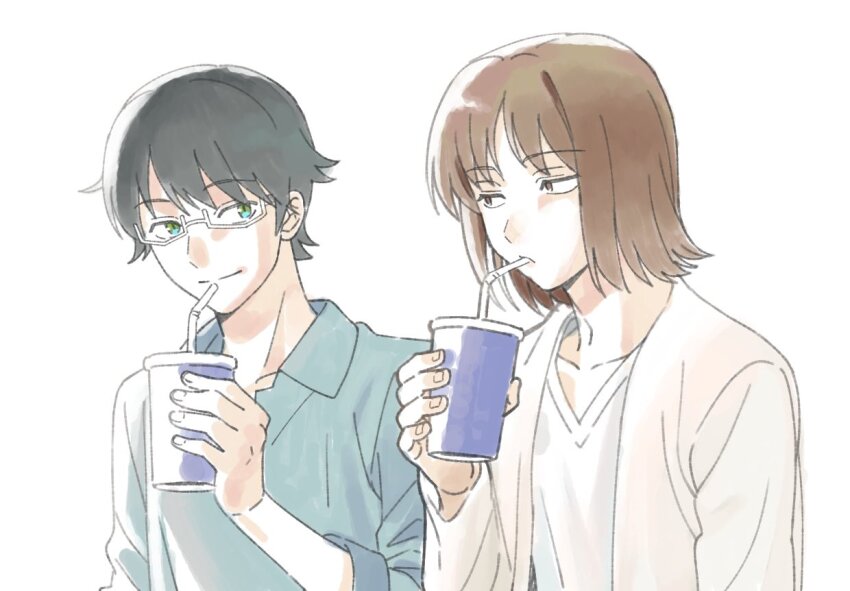 2boys black_hair blue_shirt brown_eyes brown_hair closed_mouth collared_shirt cup drinking_straw drinking_straw_in_mouth glasses green_eyes holding holding_cup jacket kikuchihara_shirou long_sleeves male_focus mikumo_osamu multiple_boys nocchan_chicchi shirt short_hair simple_background smile upper_body white_background white_jacket white_shirt world_trigger