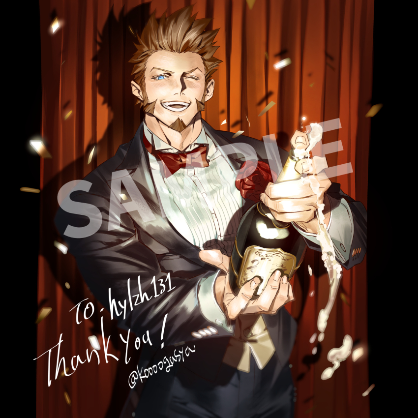 1boy anniversary blue_eyes bottle brown_hair commission confetti cowboy_shot facial_hair fate/grand_order fate_(series) goatee highres holding holding_bottle koooogasya long_sideburns looking_at_viewer male_focus mature_male napoleon_bonaparte_(fate) one_eye_closed pectorals short_hair sideburns skeb_commission smile solo standing