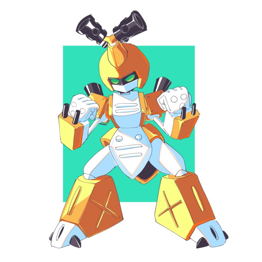 1boy arm_cannon armor full_body green_background green_eyes helmet highres humanoid_robot male_focus medarot metabee notaventura robot solo weapon white_background yellow_armor yellow_helmet