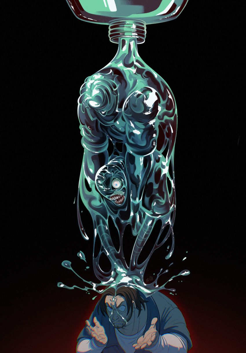 3boys black_background blue_shirt brown_hair carnivill curly_(mouthwashing) curly_(post-crash)_(mouthwashing) curly_(pre-crash)_(mouthwashing) daisuke_(mouthwashing) facial_hair highres jimmy_(mouthwashing) male_focus mouthwash mouthwashing multiple_boys open_mouth pouring shirt stubble white_shirt