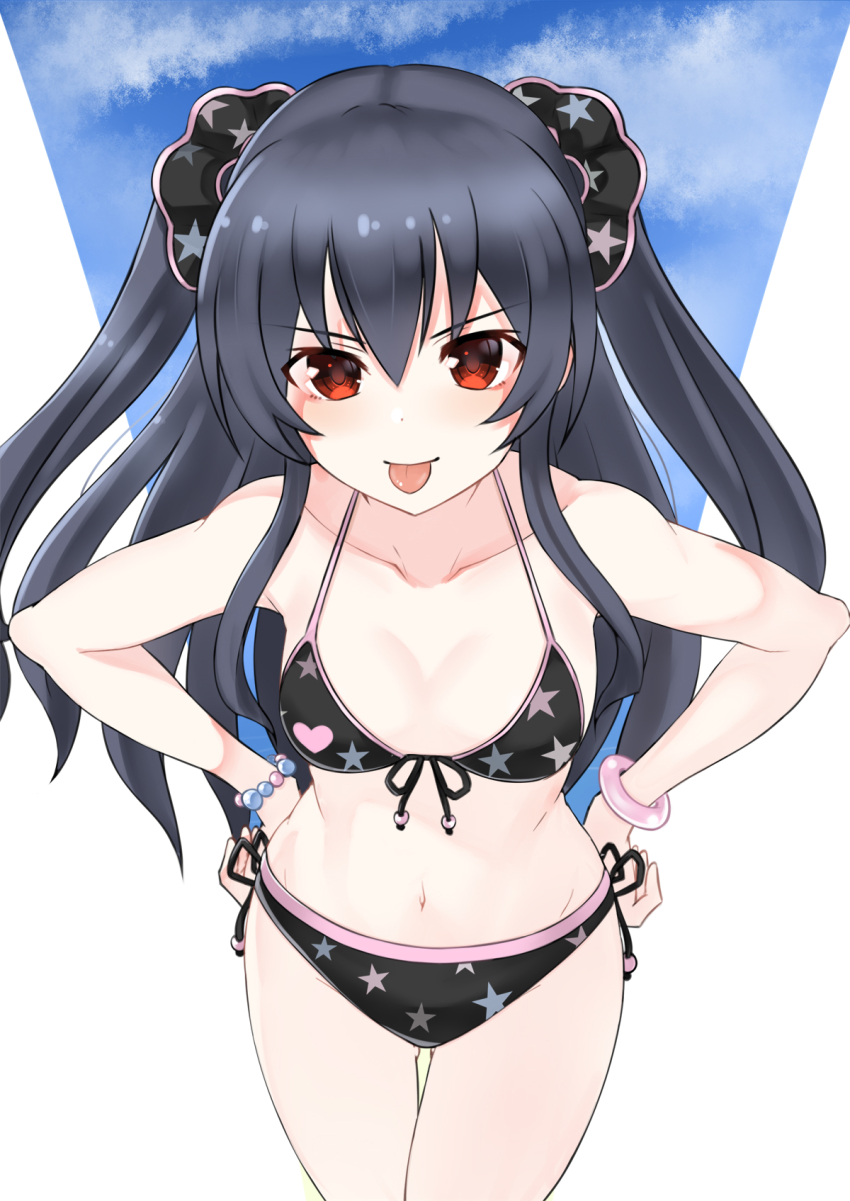 bangle bare_shoulders belly bikini black_bikini black_hair bracelet breasts cleavage cloud hands_on_own_hips highres jewelry long_hair midriff navel neptune_(series) red_eyes scrunchy sky small_breasts summer swimsuit thighs tongue tsundere twintails two_side_up uni_(neptunia) zatsu